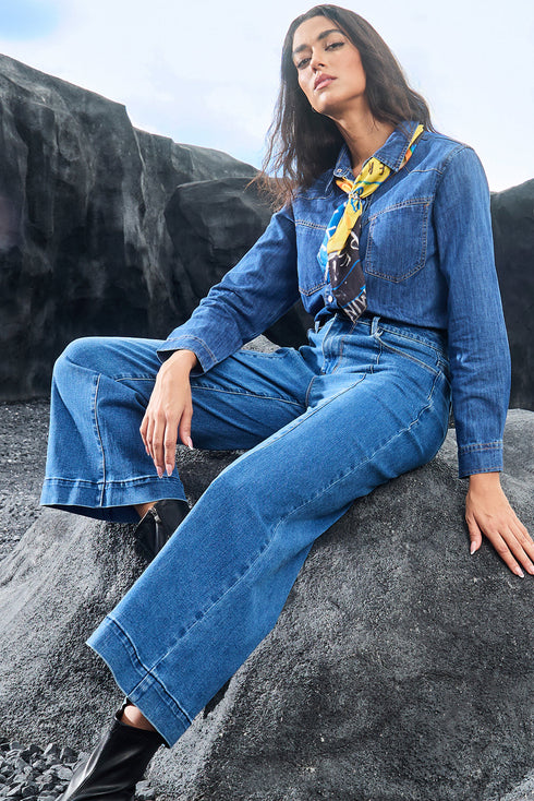 High Waisted Center Seam Wide Leg Cropped Denim Jeans